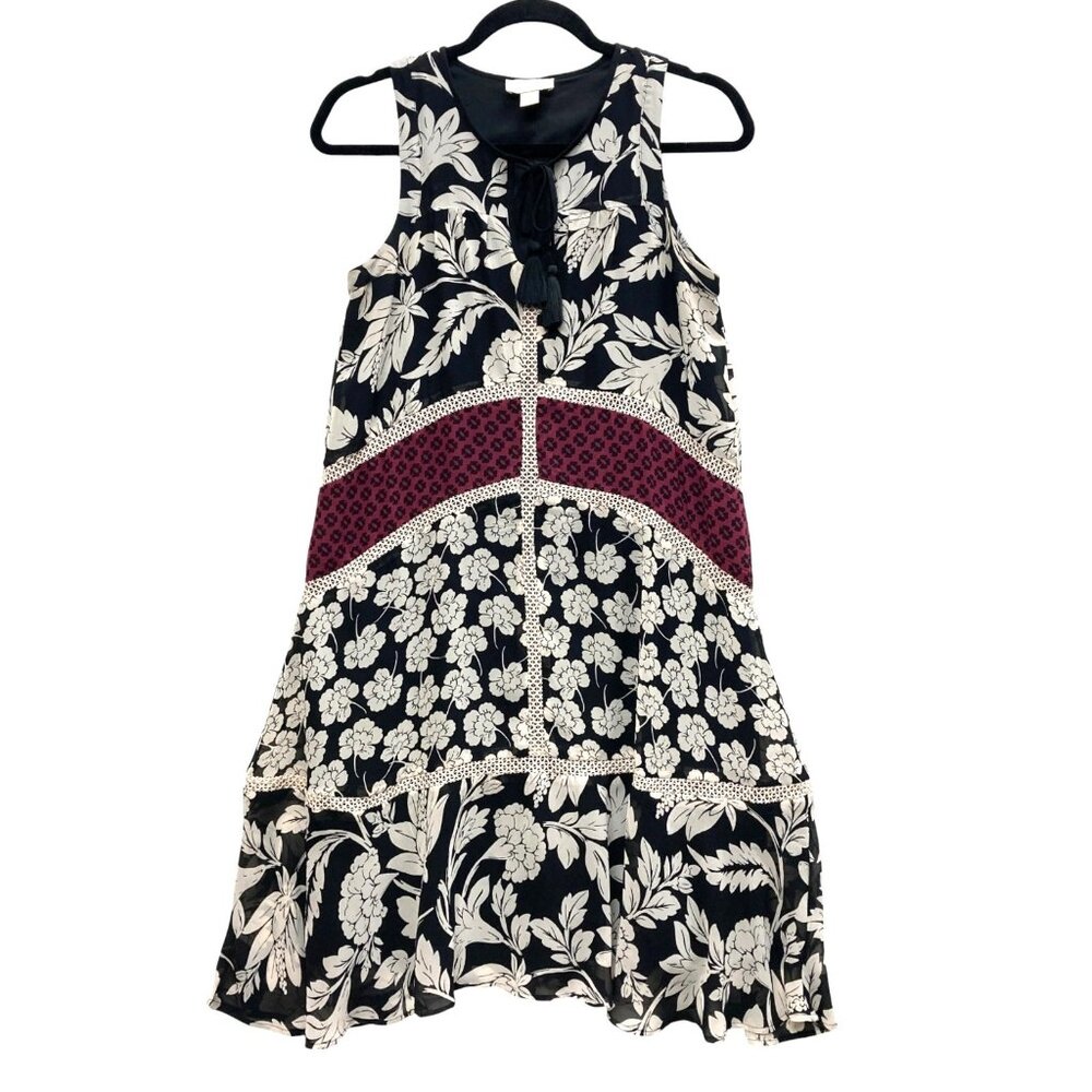 Loft Outlet Sleeveless‎ Print Boho Dress, Sz Small, Chiffon Ruffle Tassel Lace